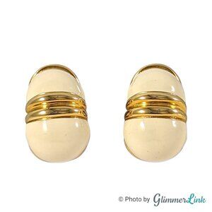 VTG Erwin Pearl Dome Half Hoop Ivory Enamel Chunky Gold Tone Clip On Earrings